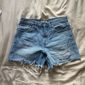 High rise distressed relaxed leg denim shorts